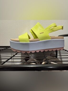 Reef Women's Neon Lime and Pink Platform Sandal